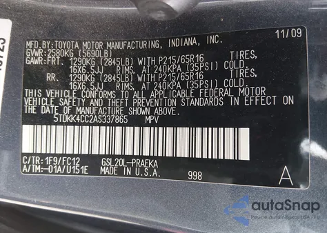 2010 Toyota Sienna Le из США, поврежденный, VIN 5TDKK4CC2AS337865